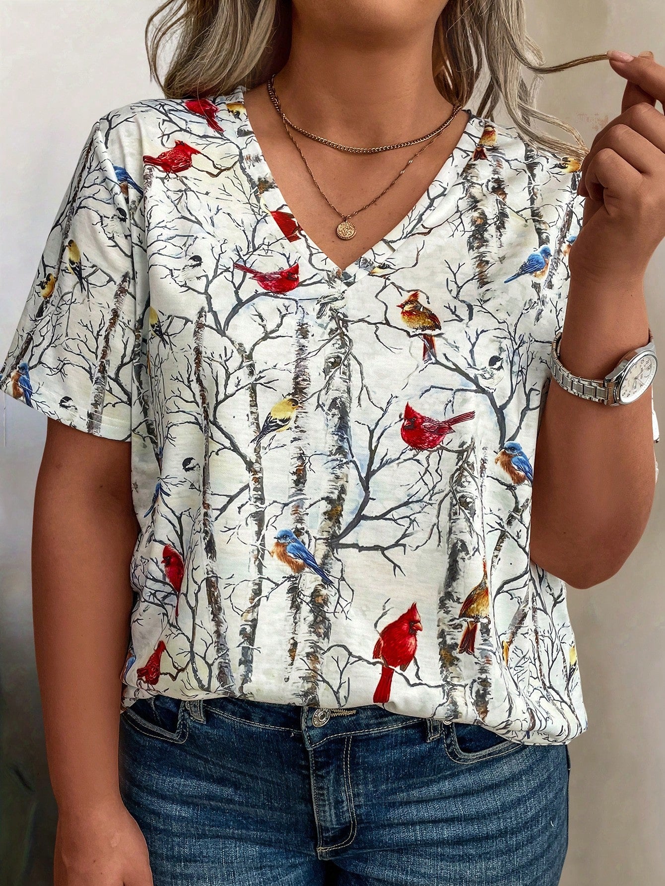 LUNE Plus Size Women's Artistic Tree Branch & Bird Printed Casual V-Neck T-Shirt