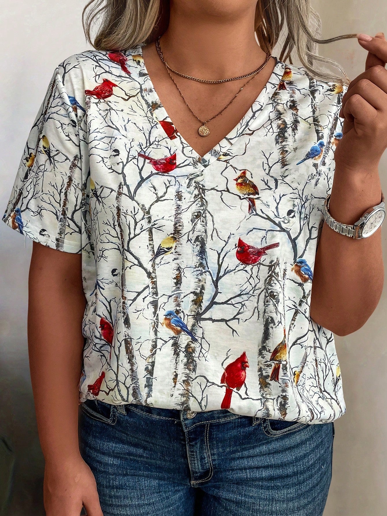 LUNE Plus Size Women's Artistic Tree Branch & Bird Printed Casual V-Neck T-Shirt