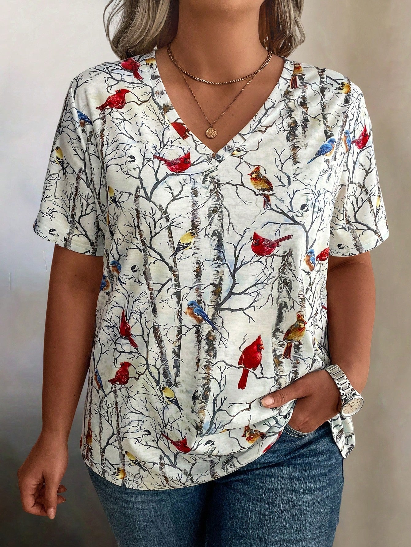 LUNE Plus Size Women's Artistic Tree Branch & Bird Printed Casual V-Neck T-Shirt