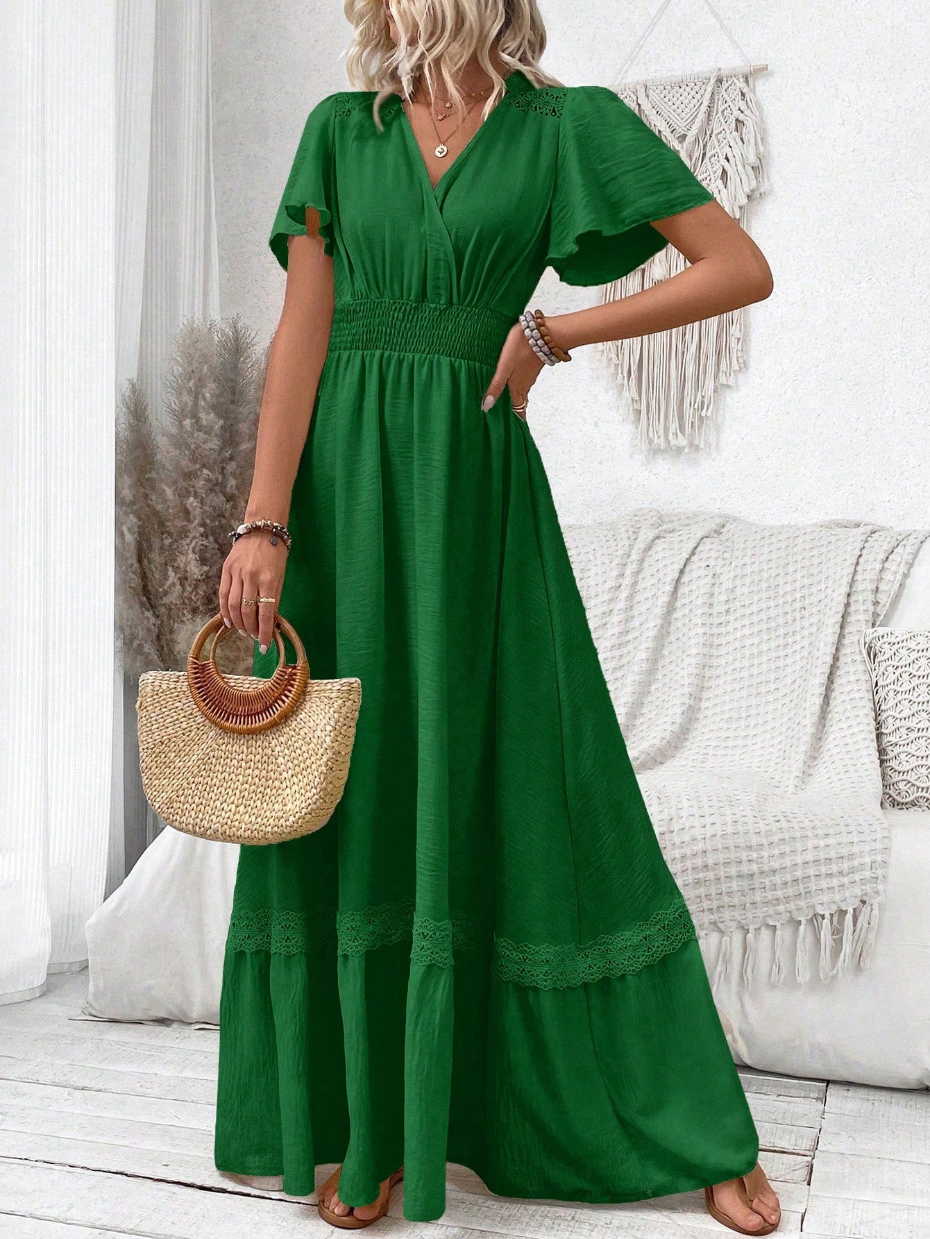 LUNE V-Neck Ruffle Sleeve Solid Color Vacation Style Spring/Summer Dress