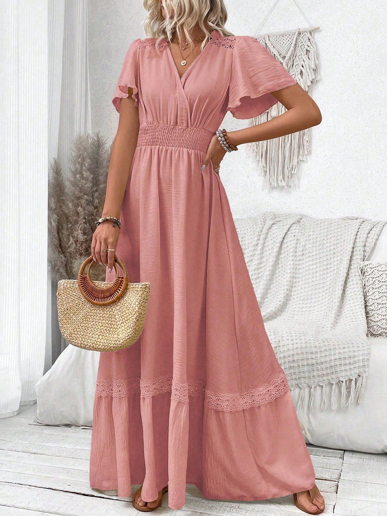 LUNE V-Neck Ruffle Sleeve Solid Color Vacation Style Spring/Summer Dress