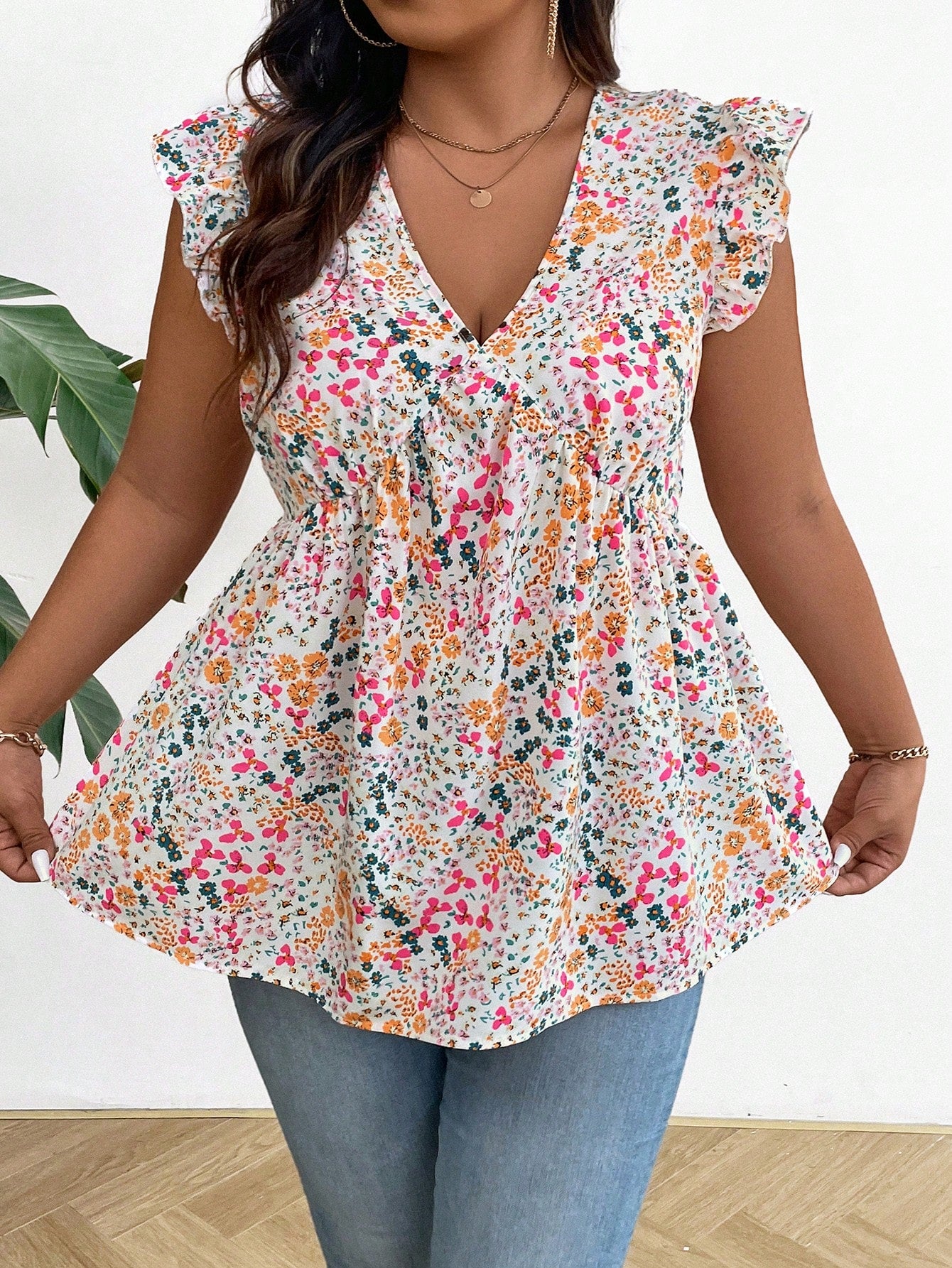 LUNE Plus Size Summer Ruffle Trim Floral Print Shirt