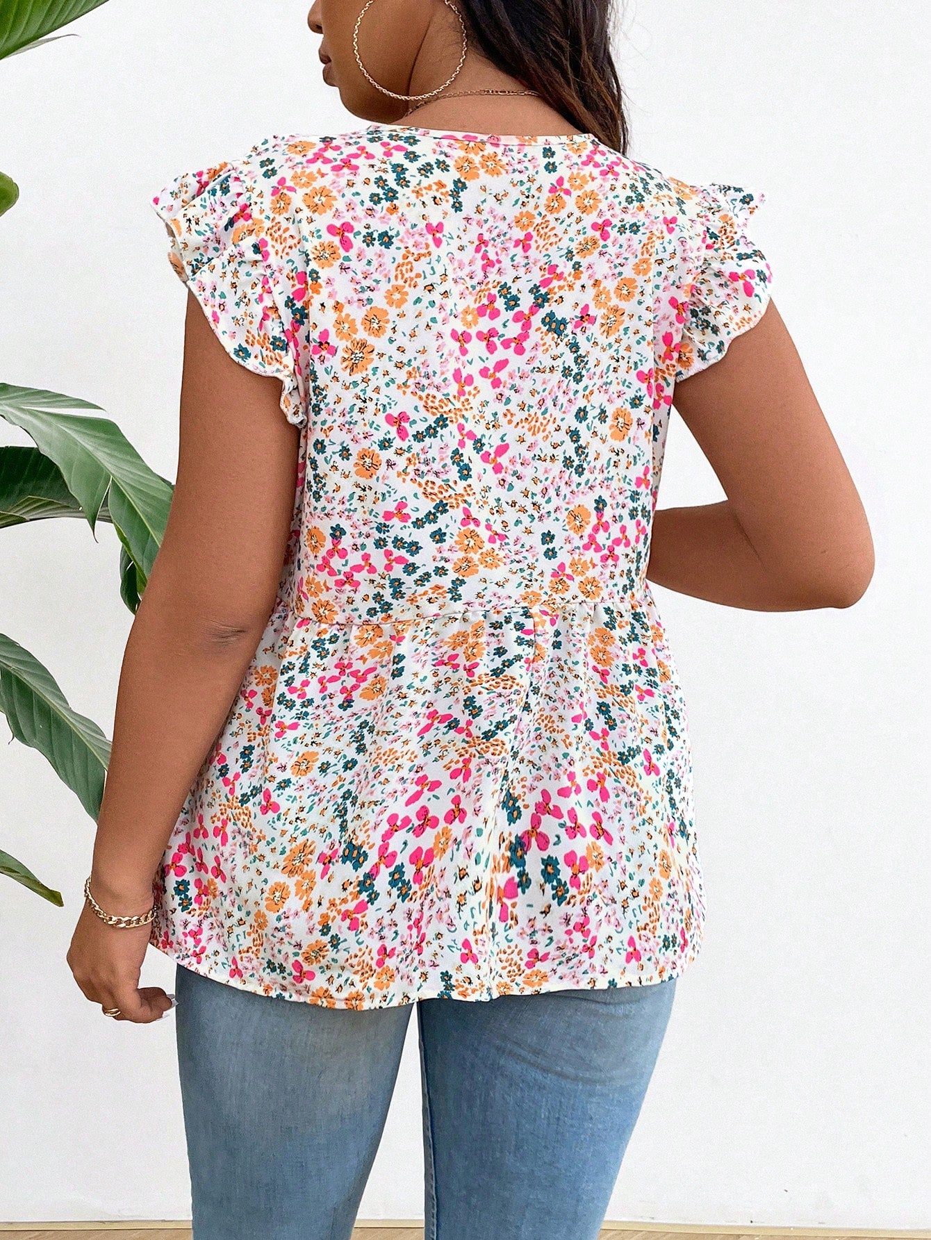 LUNE Plus Size Summer Ruffle Trim Floral Print Shirt