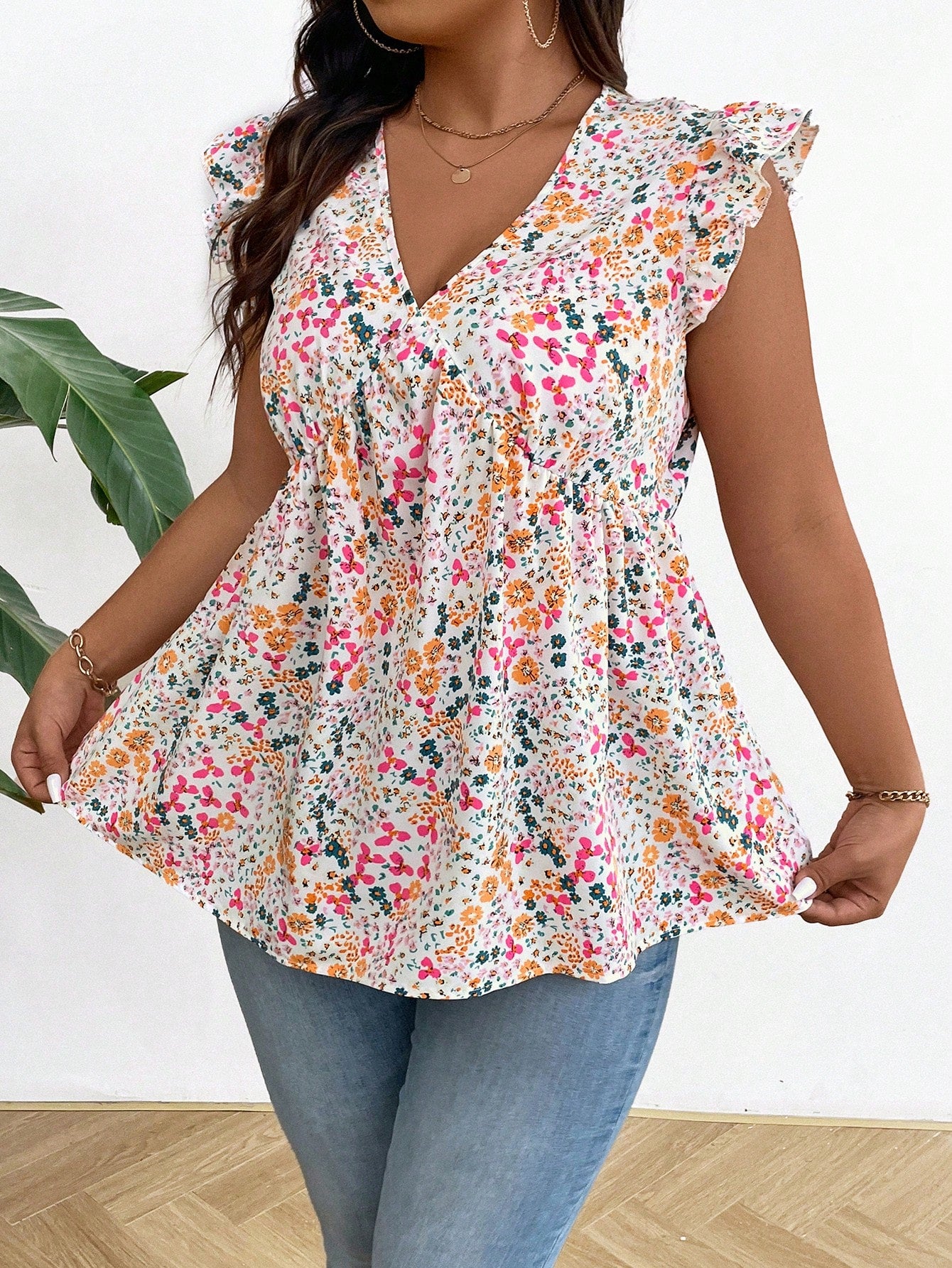 LUNE Plus Size Summer Ruffle Trim Floral Print Shirt