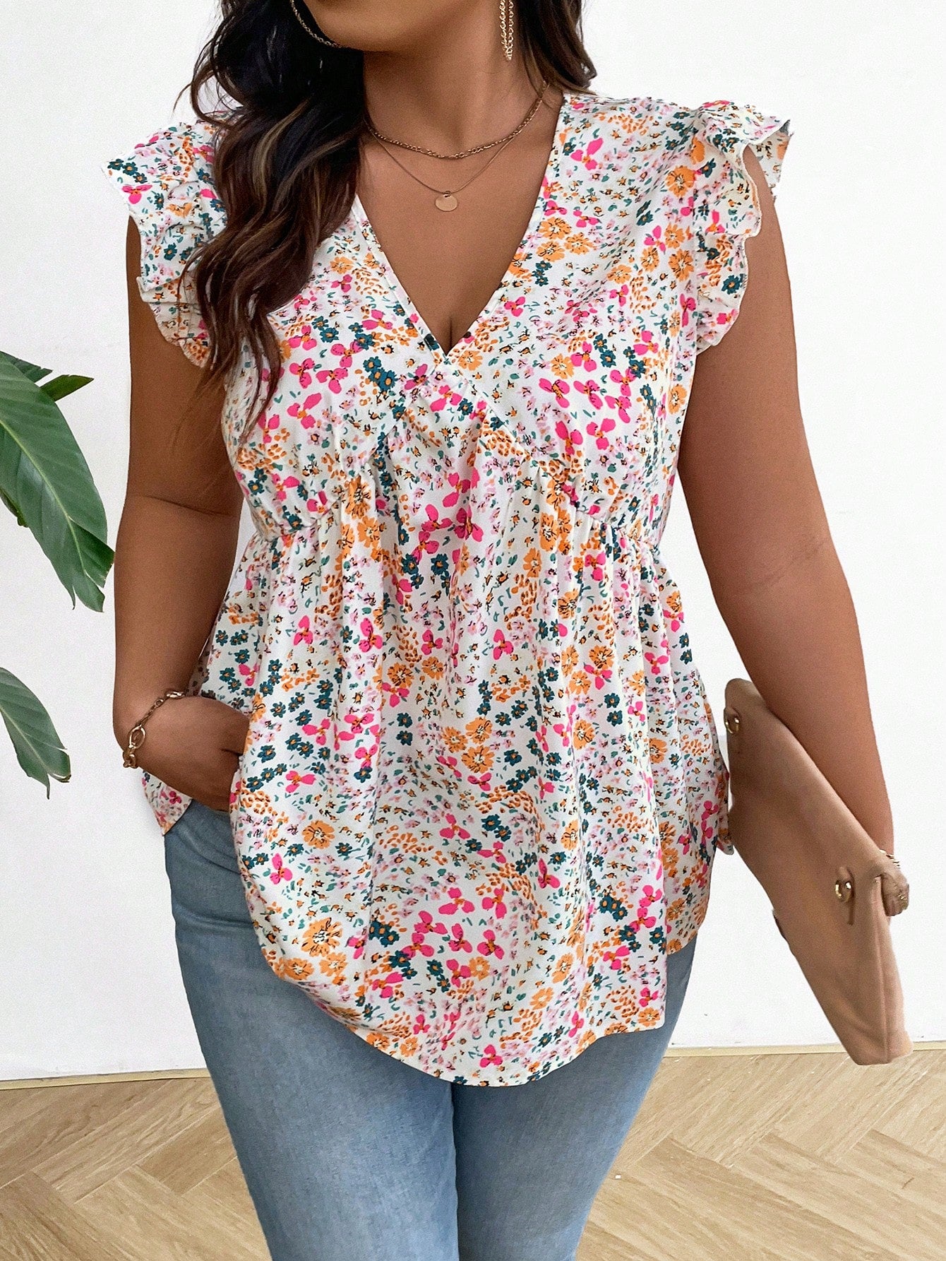 LUNE Plus Size Summer Ruffle Trim Floral Print Shirt