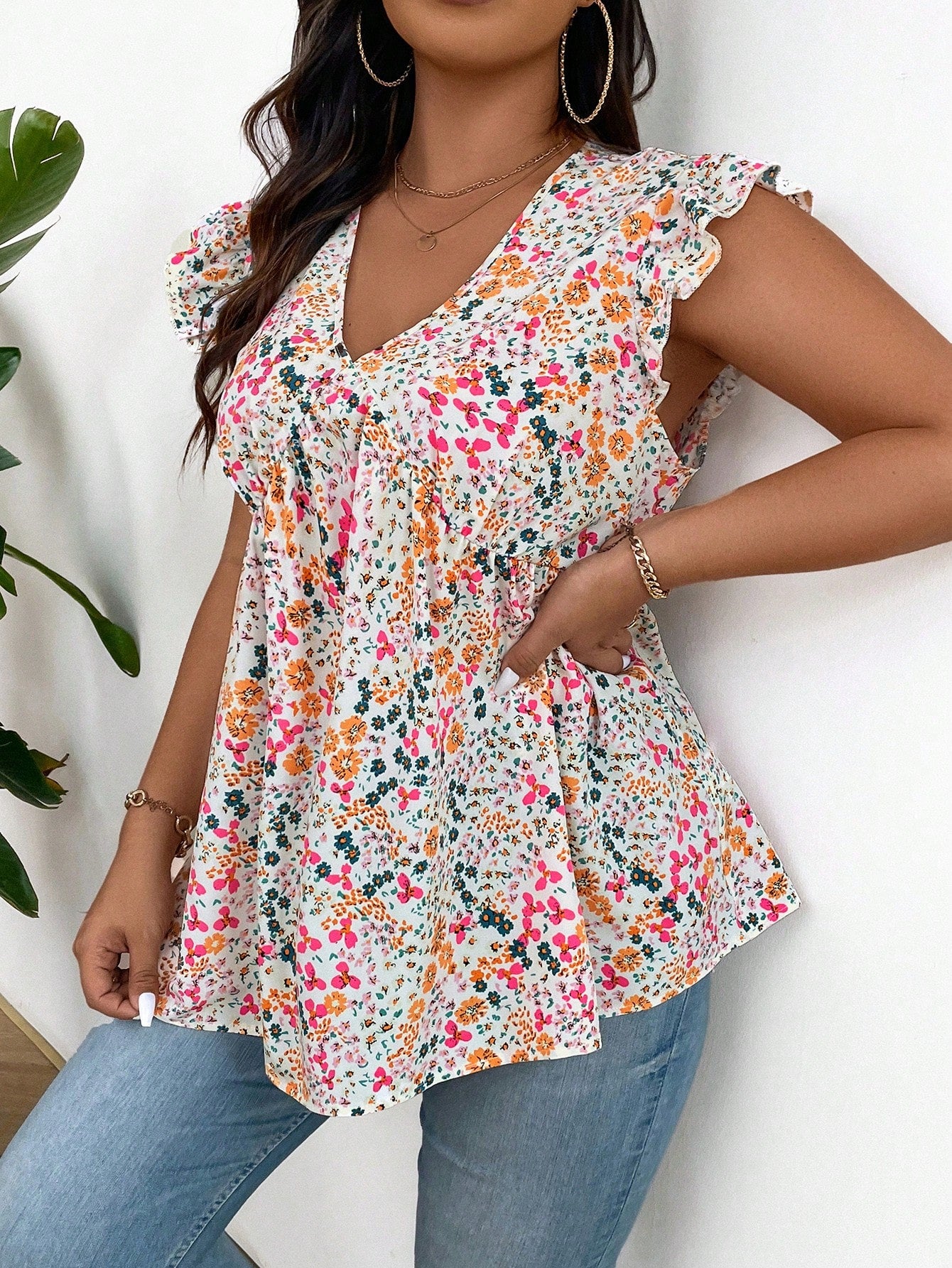 LUNE Plus Size Summer Ruffle Trim Floral Print Shirt