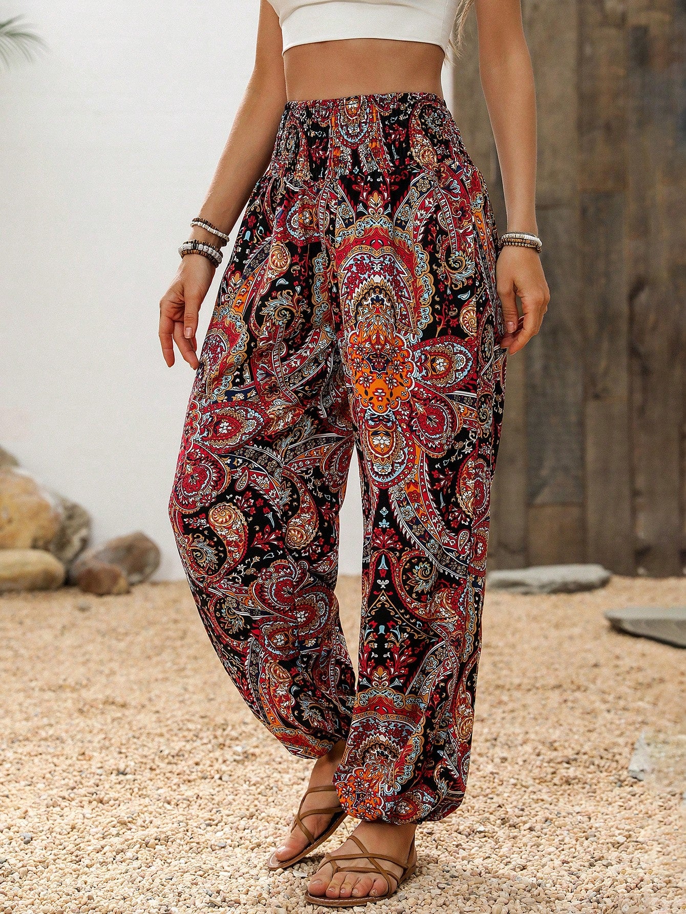 Holidaya Paisley Print Drawstring Waist Tapered Leg Casual Palazzo Pants