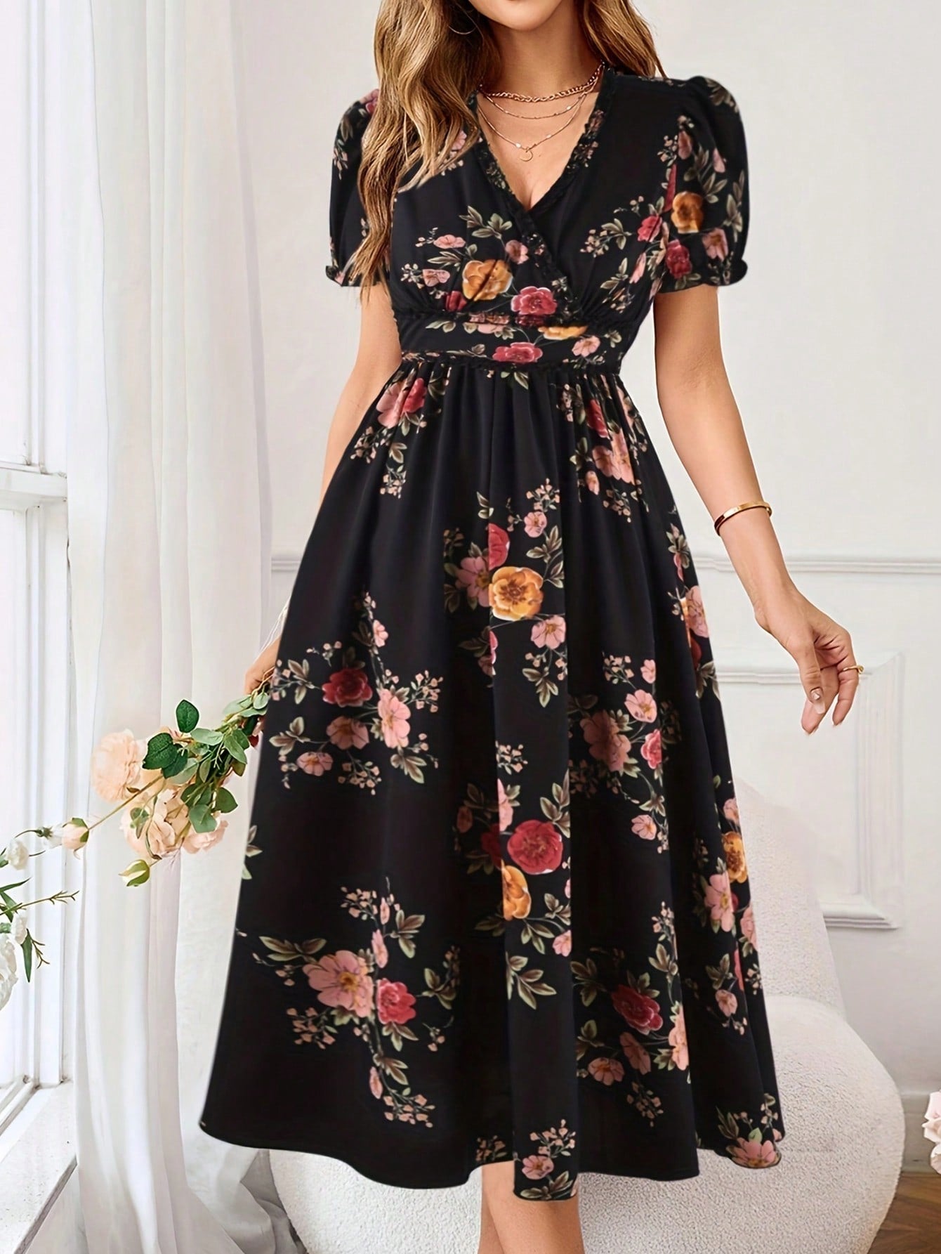 Clasi Floral Print Summer Wrap Dress With Criss-Cross Front And Cinched Waist