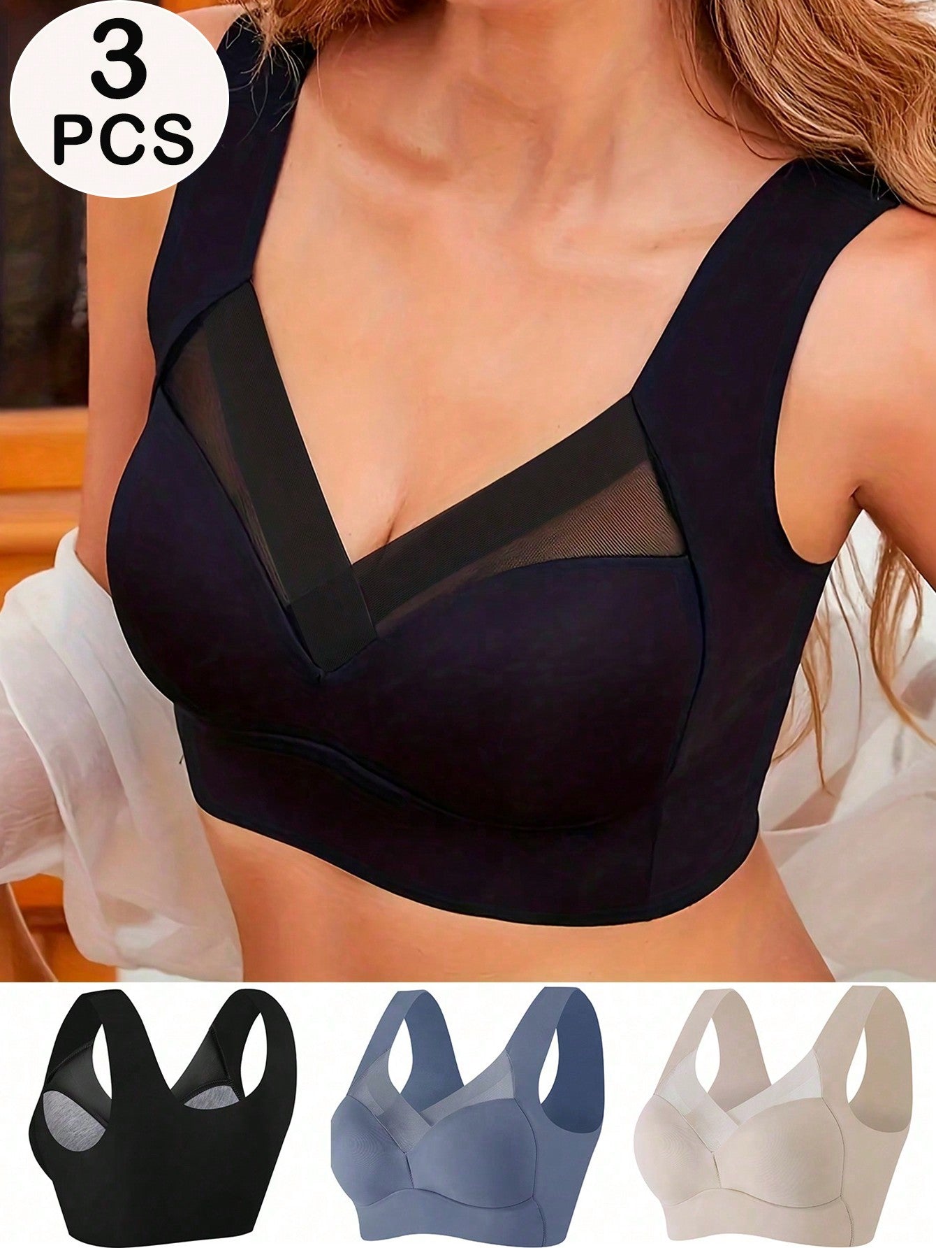 3pcs Ladies V-Neck Contrast Mesh Seamless Bralette Comfortable Wire-Free Bra, Lingerie