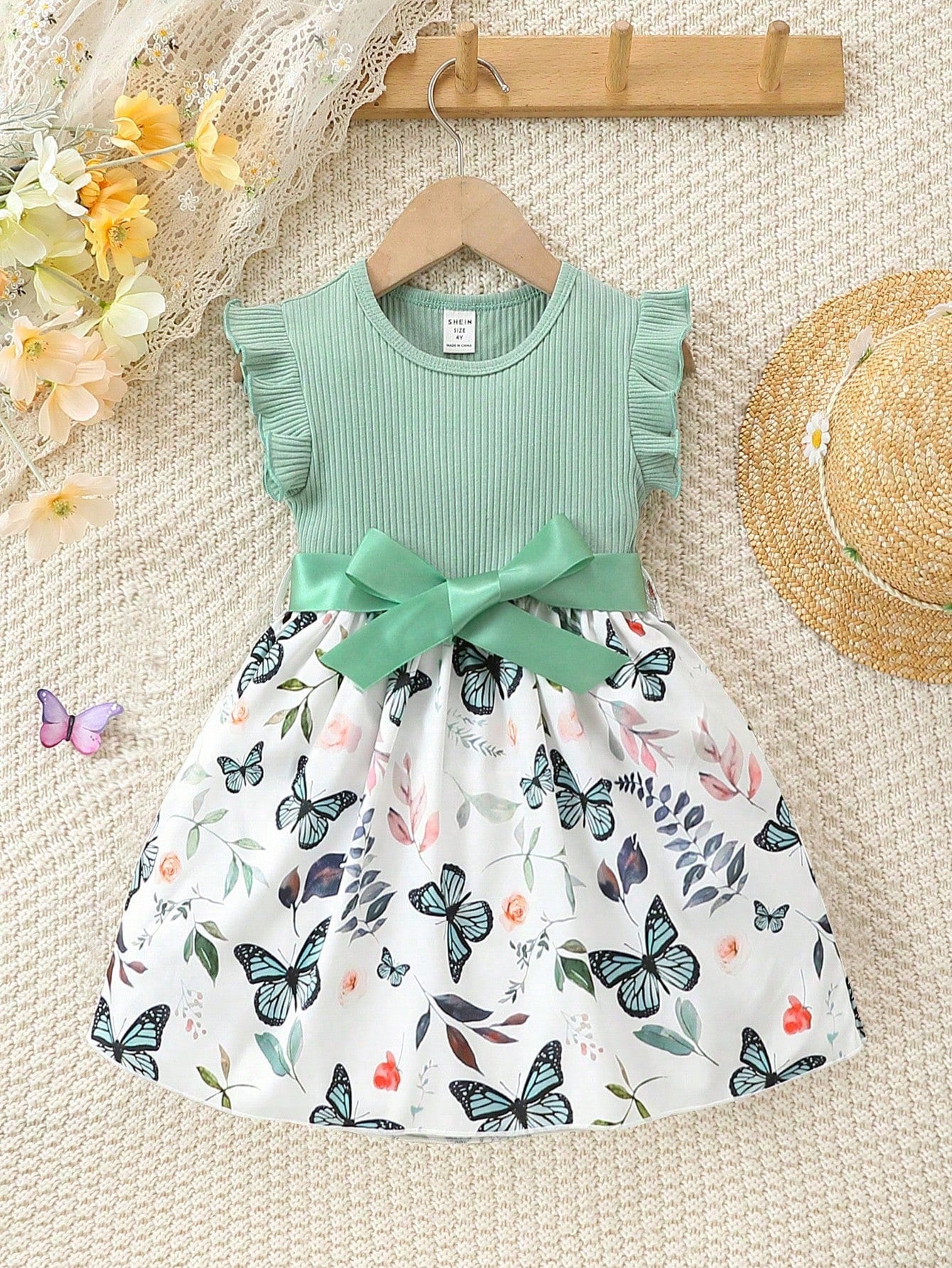 Young Girl Butterfly & Plant Print Belted Dress