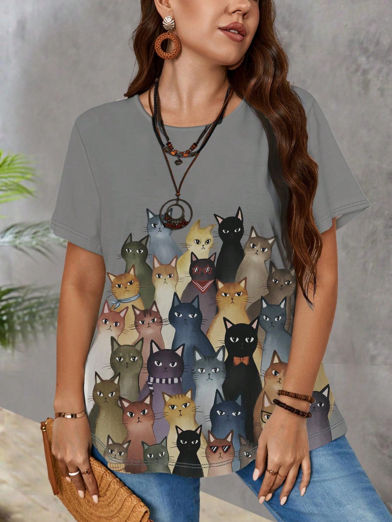 EMERY ROSE Women's Plus Size Cute Cat Print Casual Loose Fit T-Shirt With Round Neckline For Summer