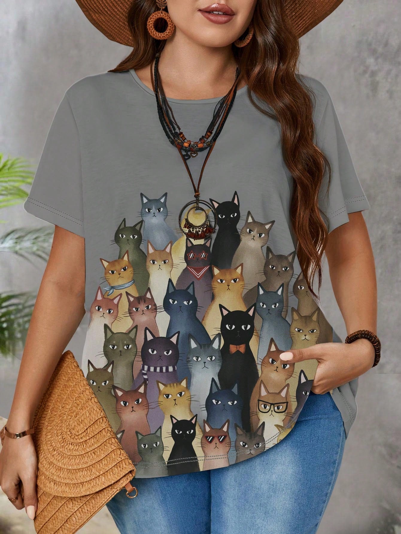 EMERY ROSE Women's Plus Size Cute Cat Print Casual Loose Fit T-Shirt With Round Neckline For Summer