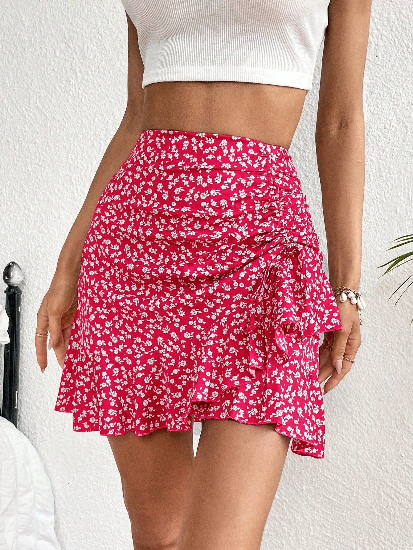 VCAY Ditsy Floral Print Drawstring Ruffle Hem Skirt