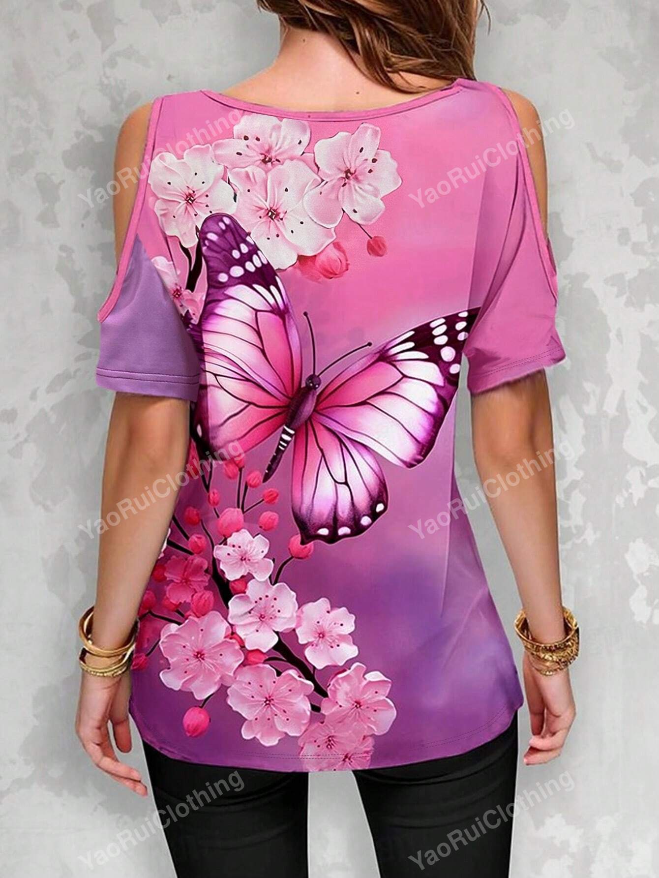 New Spring/Summer Casual Butterfly Printed Open Shoulder Design Top T-Shirt