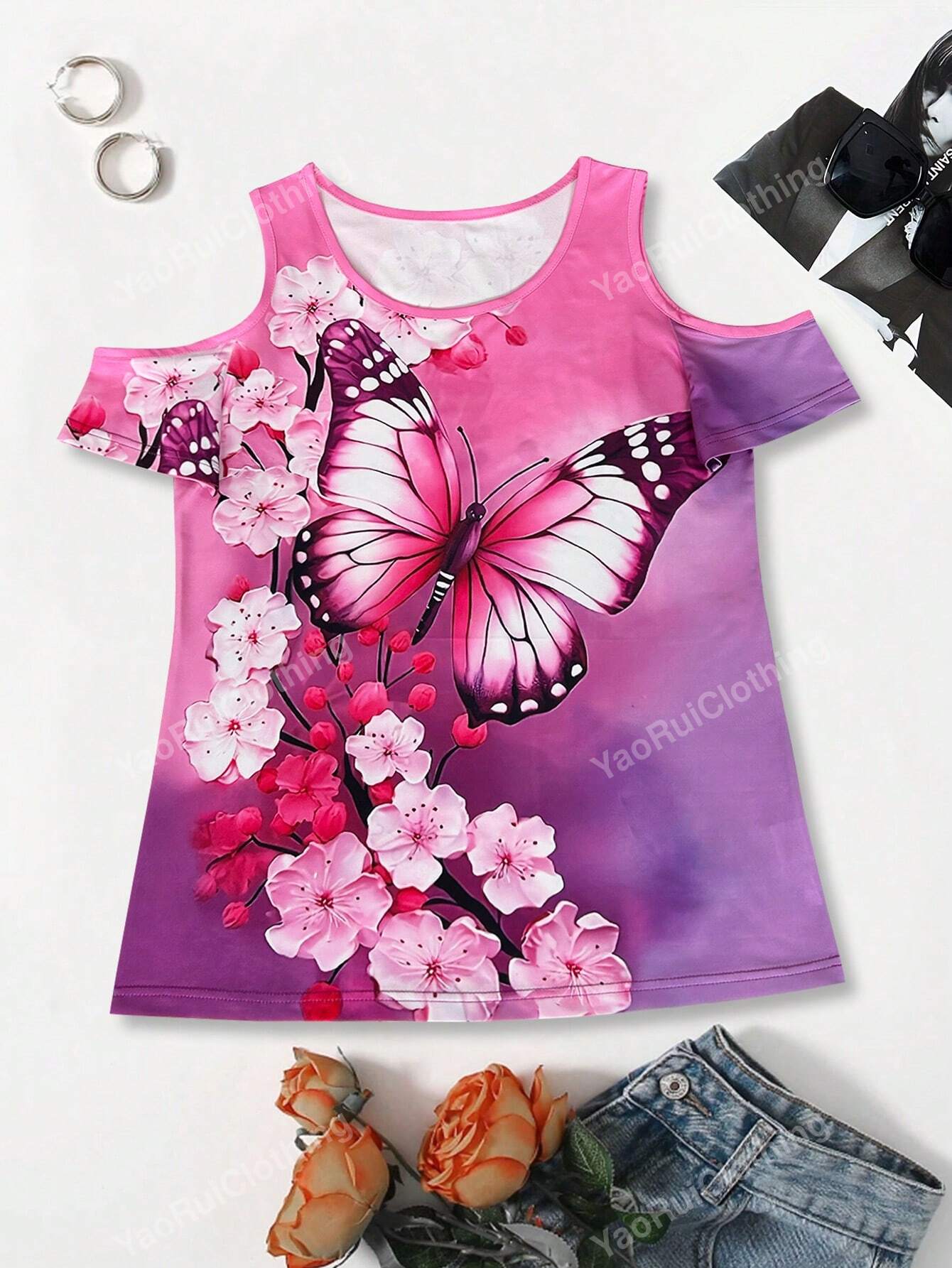 New Spring/Summer Casual Butterfly Printed Open Shoulder Design Top T-Shirt