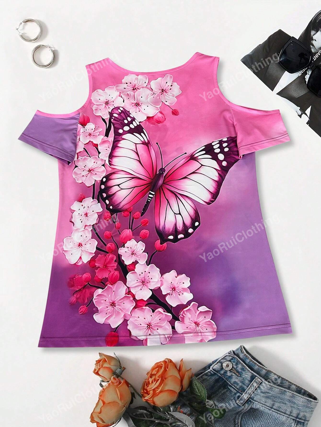 New Spring/Summer Casual Butterfly Printed Open Shoulder Design Top T-Shirt