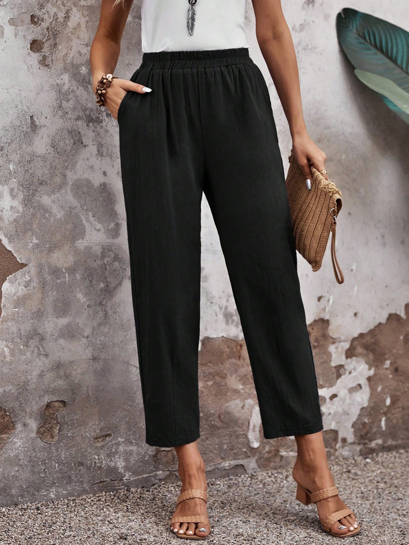 EMERY ROSE Elastic Waist All-Over Print Pants, Casual Daily Wear Airport Outfit