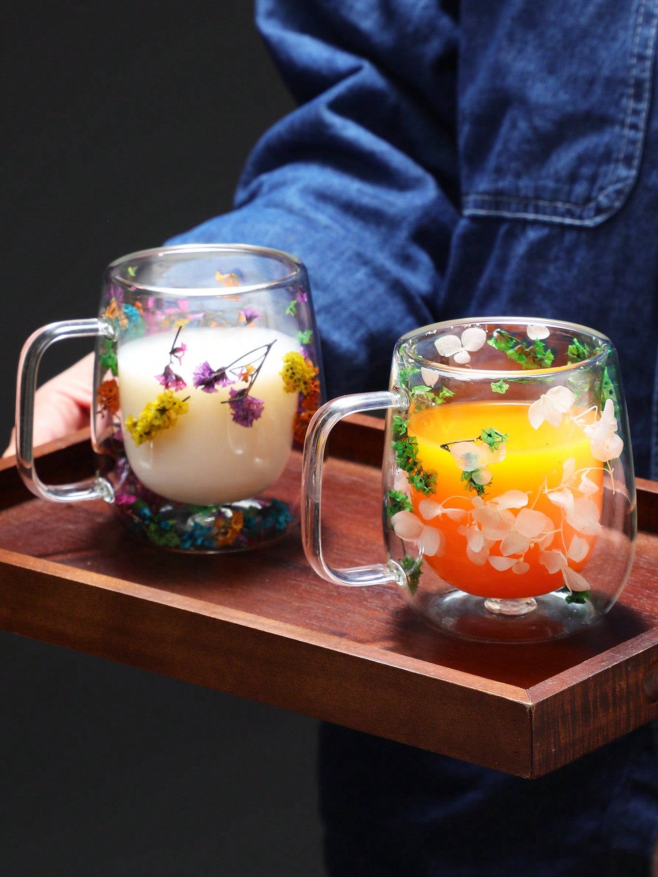 Double Layered Glass Mug With Real Flowers And Sand, High-Value Creative Coffee Cup With Handle For Home Use