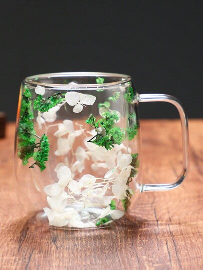 Double Layered Glass Mug With Real Flowers And Sand, High-Value Creative Coffee Cup With Handle For Home Use