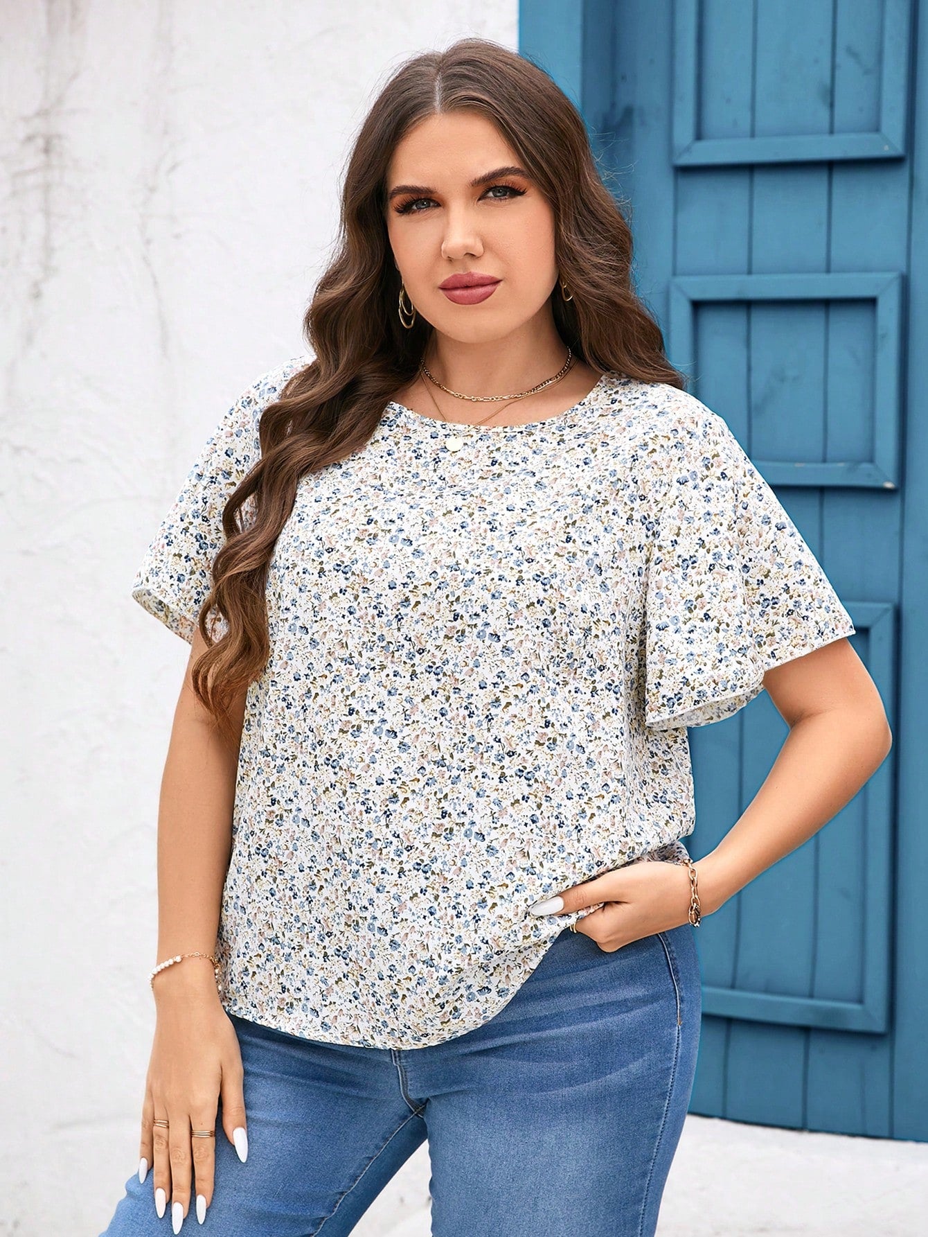 Clasi Plus Size Women's Floral Printed Short Sleeve Floral Blouse