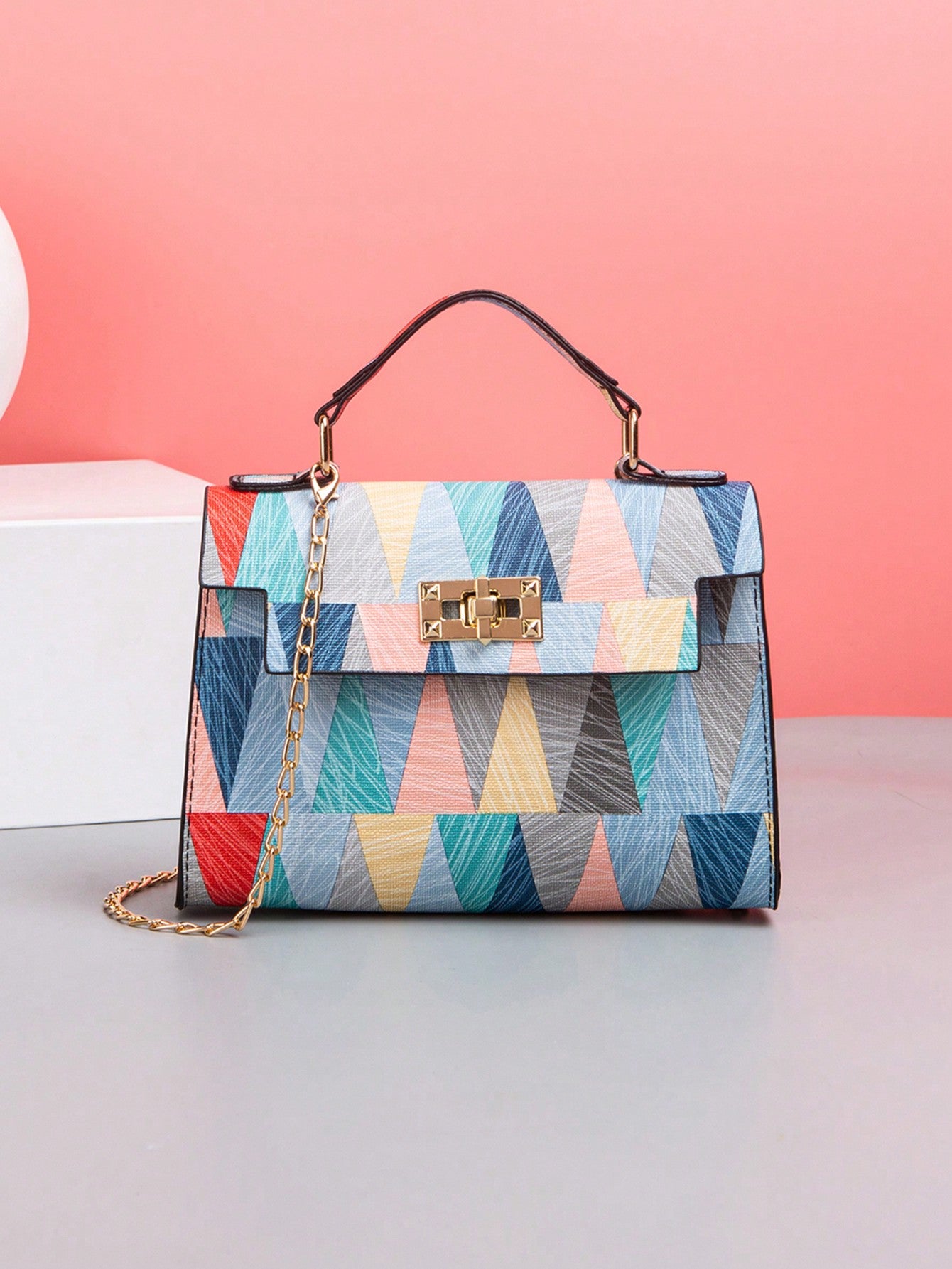 Crossbody Chain Mini Square Bag With Trendy Printed Top Handle And Multicolor Print For Women