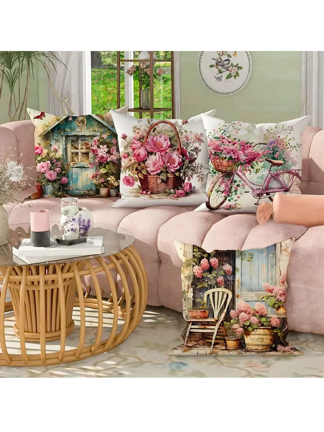 4pcs/Set Of Pink Bouquet Pillowcases, 18 * 18 Inch Polyester Pillowcase Decoration Suitable For Home Sofas Mother's Day Gifts Pillow Cover( Without Pillow Inserts)