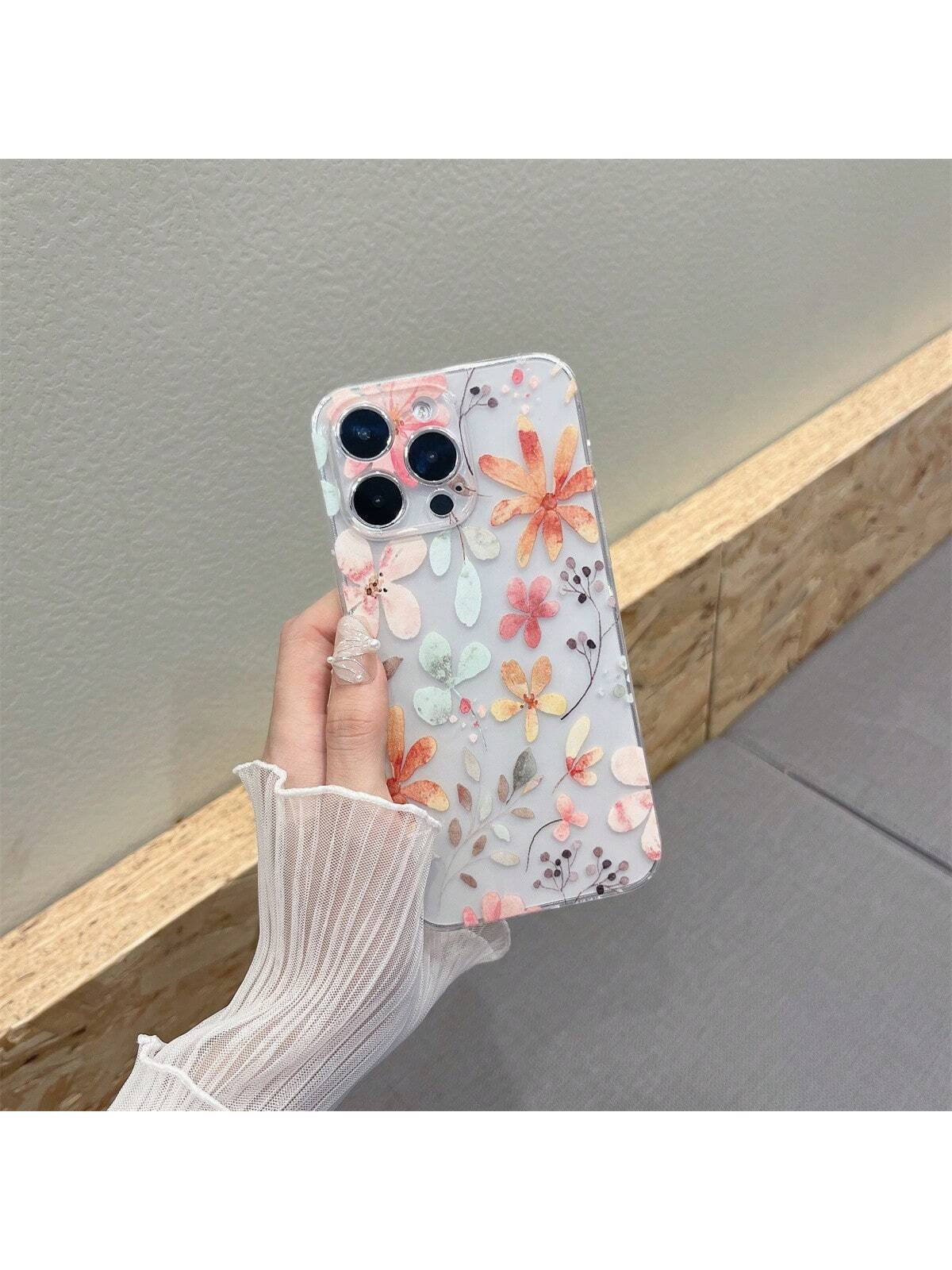 Floral 1pc Transparent TPU Airbag Shockproof Phone Case With Painted Pattern, Compatible With Apple And Samsung Models