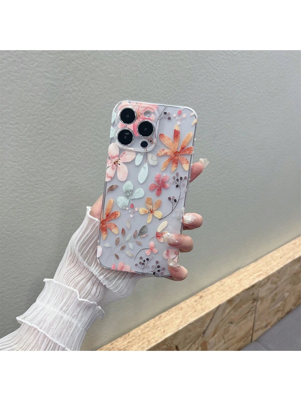 Floral 1pc Transparent TPU Airbag Shockproof Phone Case With Painted Pattern, Compatible With Apple And Samsung Models