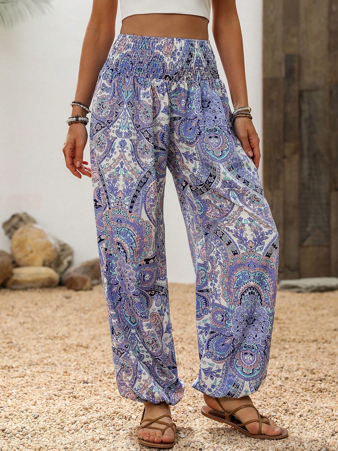 Holidaya Paisley Print Drawstring Waist Tapered Leg Casual Palazzo Pants