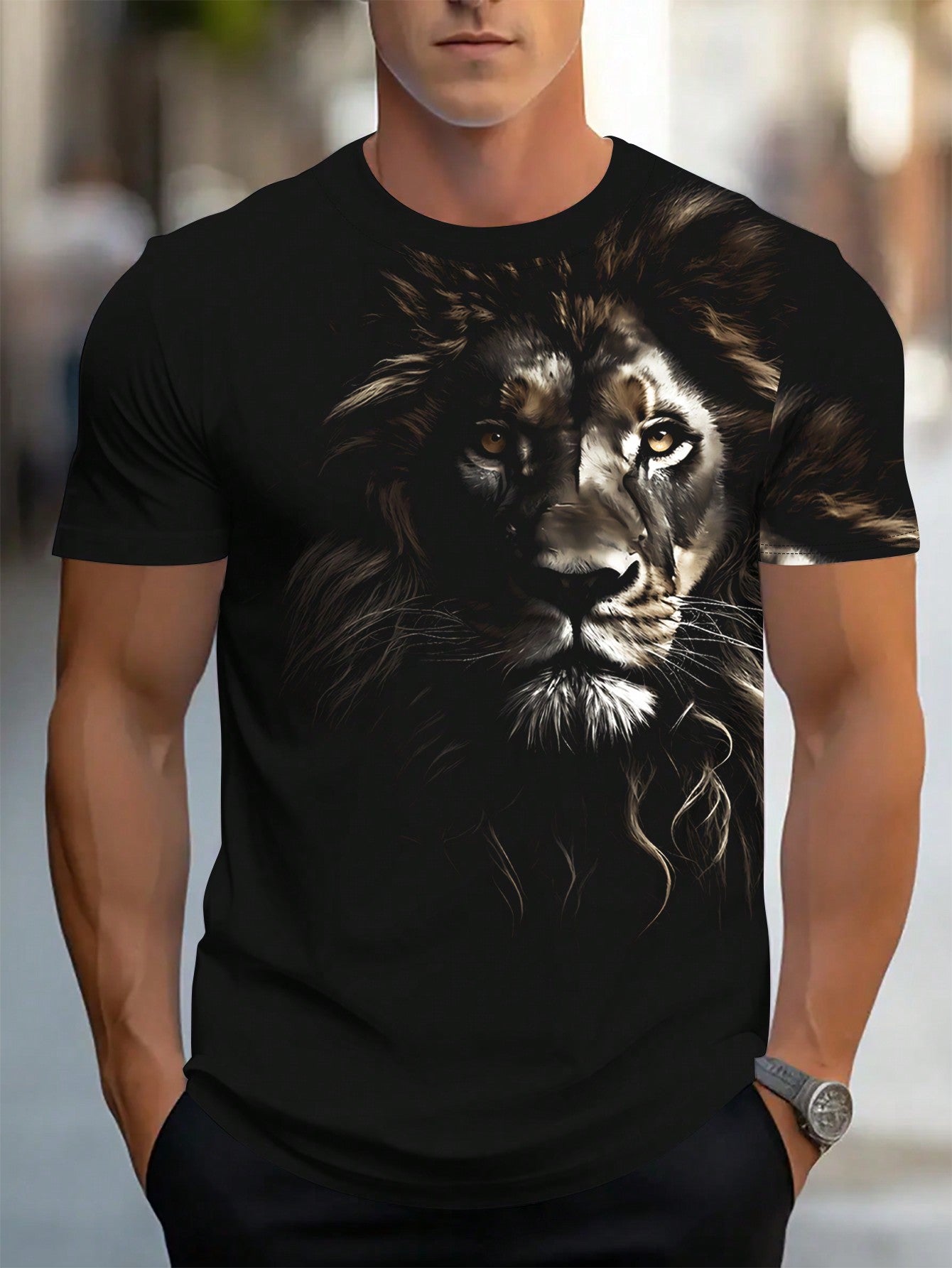 Manfinity LEGND Men Plus Size 3D Lion Printed Short Sleeve T-Shirt