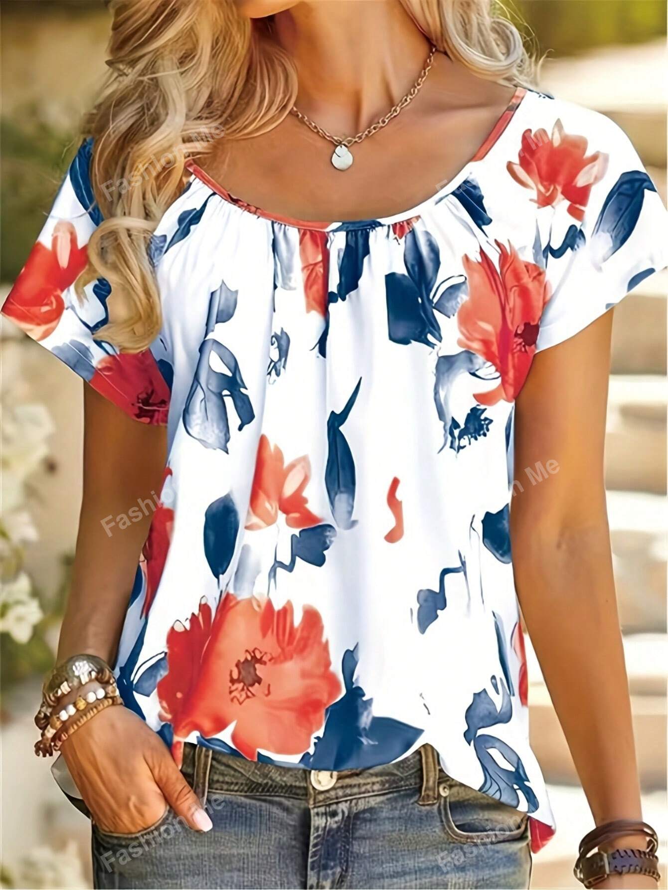 Women's Casual Floral Print Round Neck Blouse