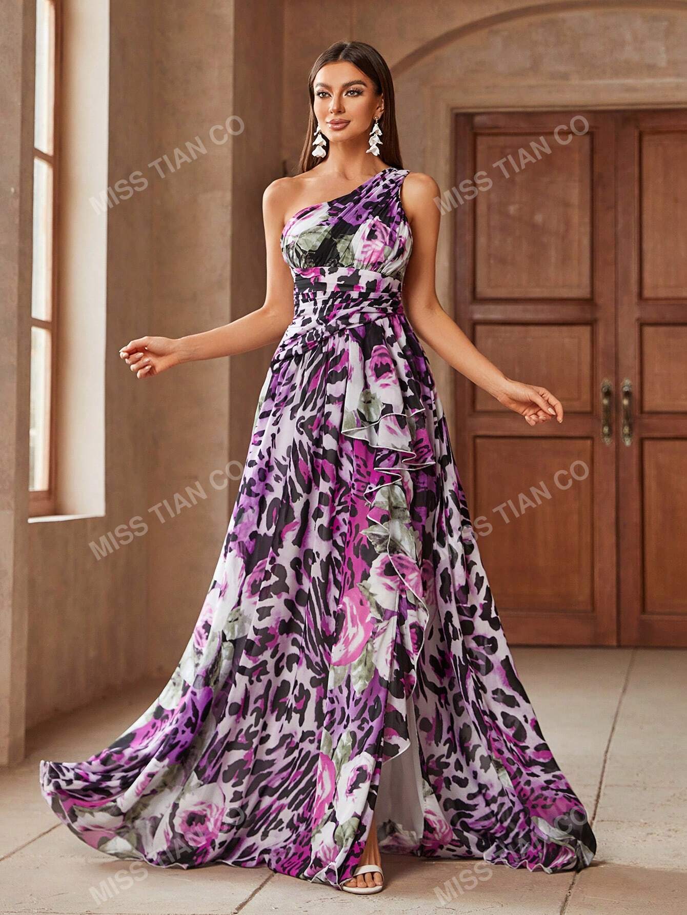 Women Asymmetrical Neckline High Slit Floral Leopard Print Ball Gown Dress