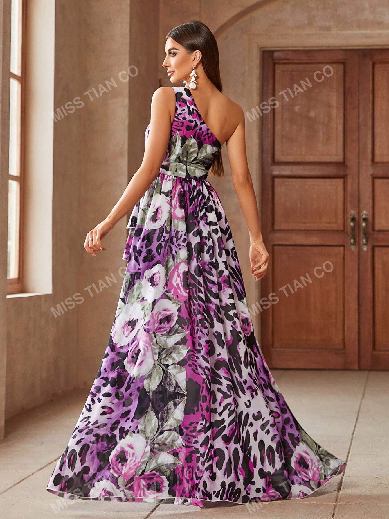 Women Asymmetrical Neckline High Slit Floral Leopard Print Ball Gown Dress