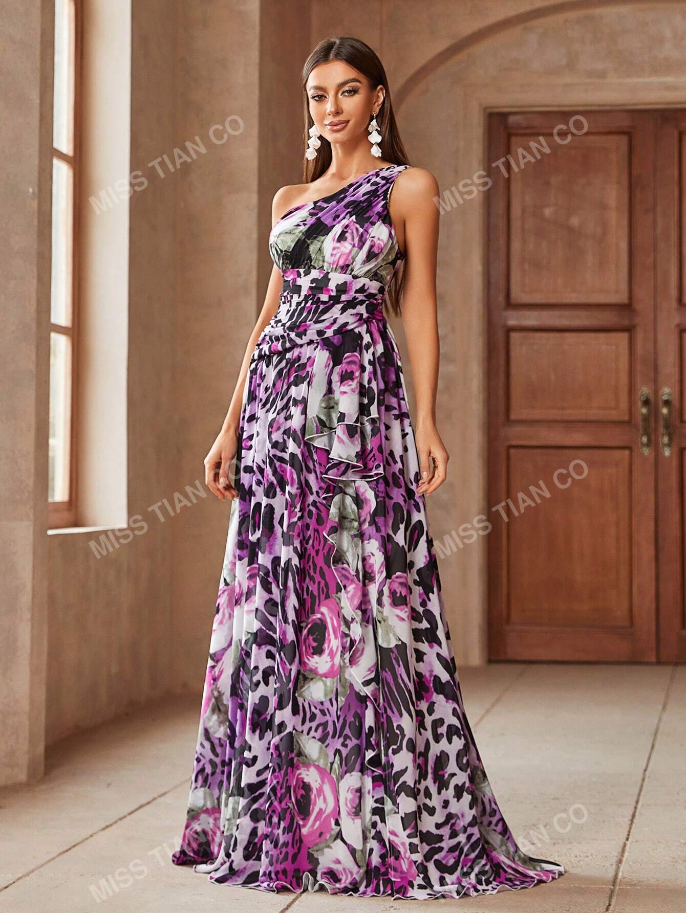 Women Asymmetrical Neckline High Slit Floral Leopard Print Ball Gown Dress