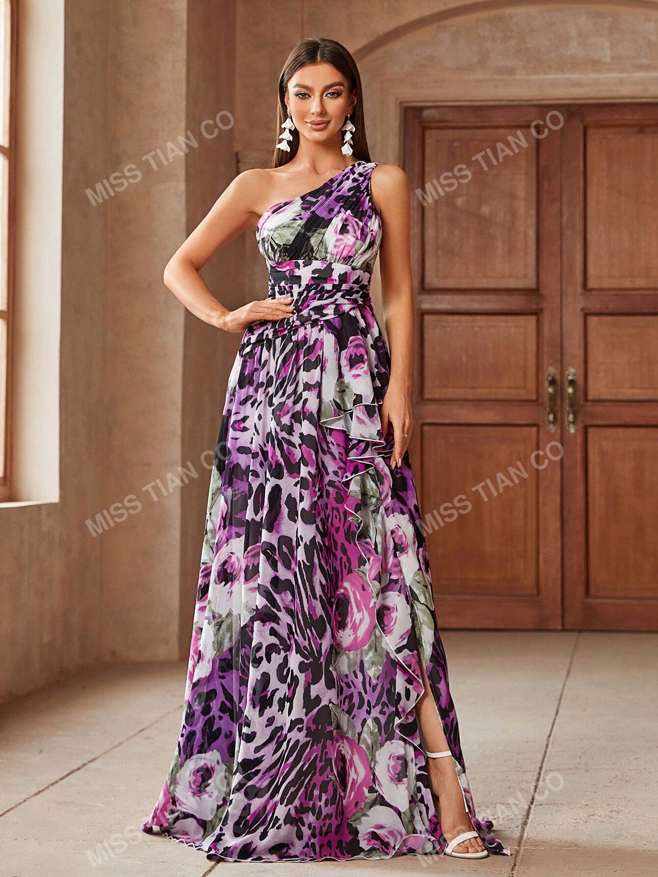 Women Asymmetrical Neckline High Slit Floral Leopard Print Ball Gown Dress