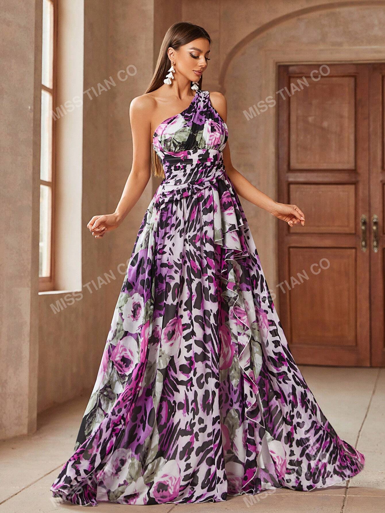 Women Asymmetrical Neckline High Slit Floral Leopard Print Ball Gown Dress