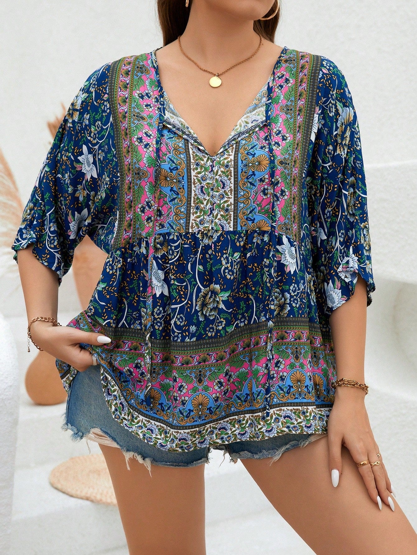 Plus Size Casual Summer Floral Print Shirt With Tie Knot Neckline