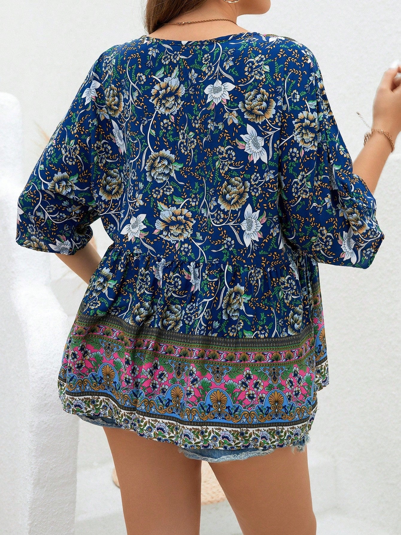 Plus Size Casual Summer Floral Print Shirt With Tie Knot Neckline