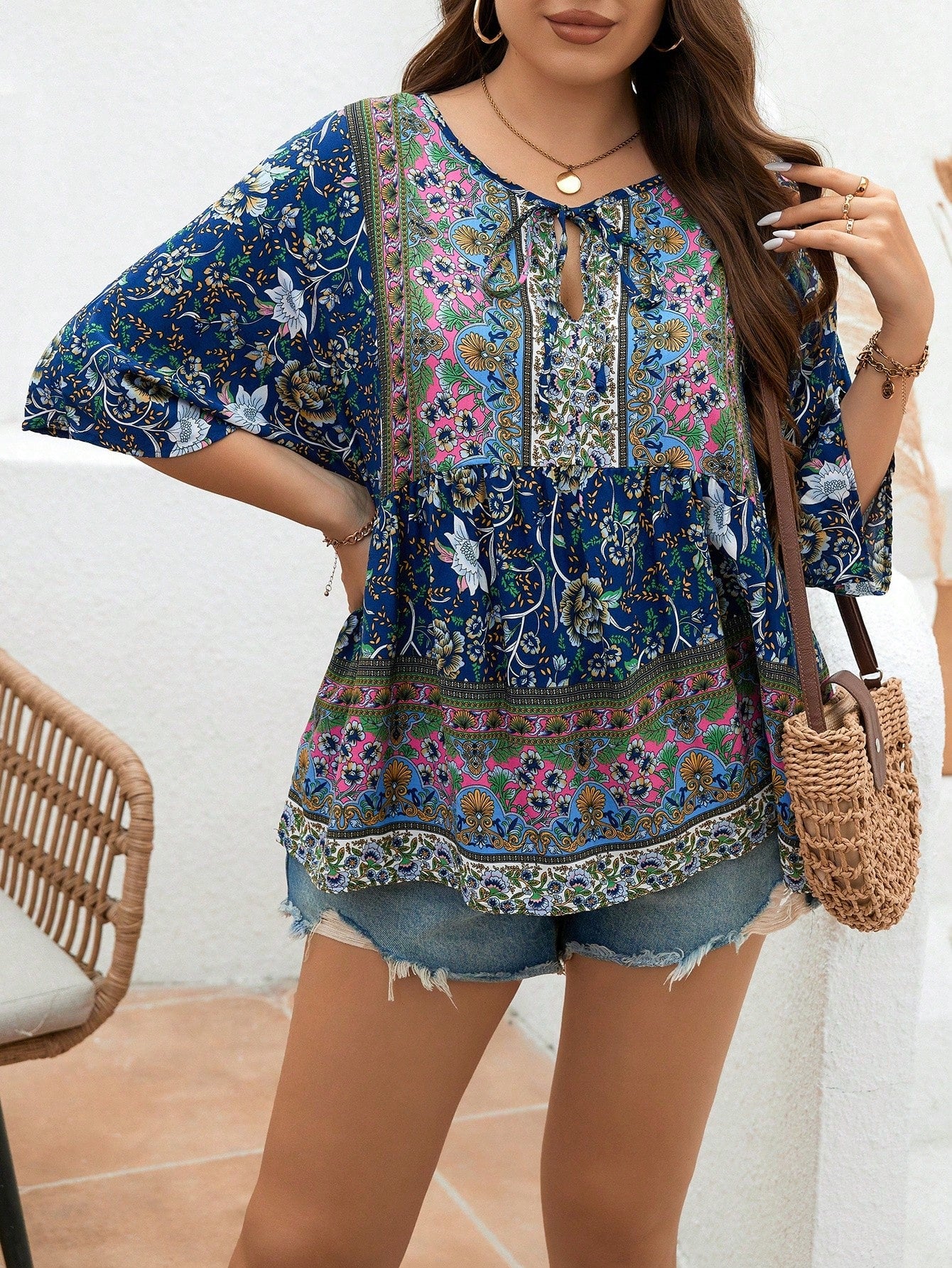 Plus Size Casual Summer Floral Print Shirt With Tie Knot Neckline