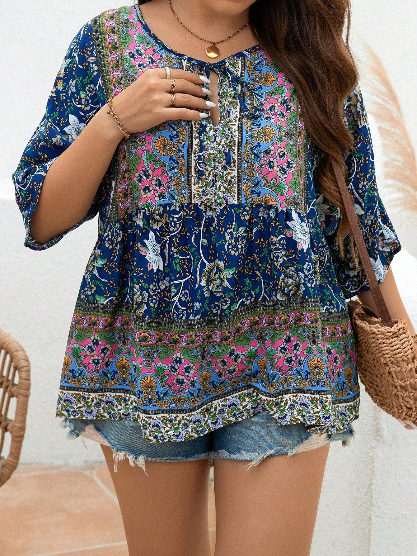 Plus Size Casual Summer Floral Print Shirt With Tie Knot Neckline