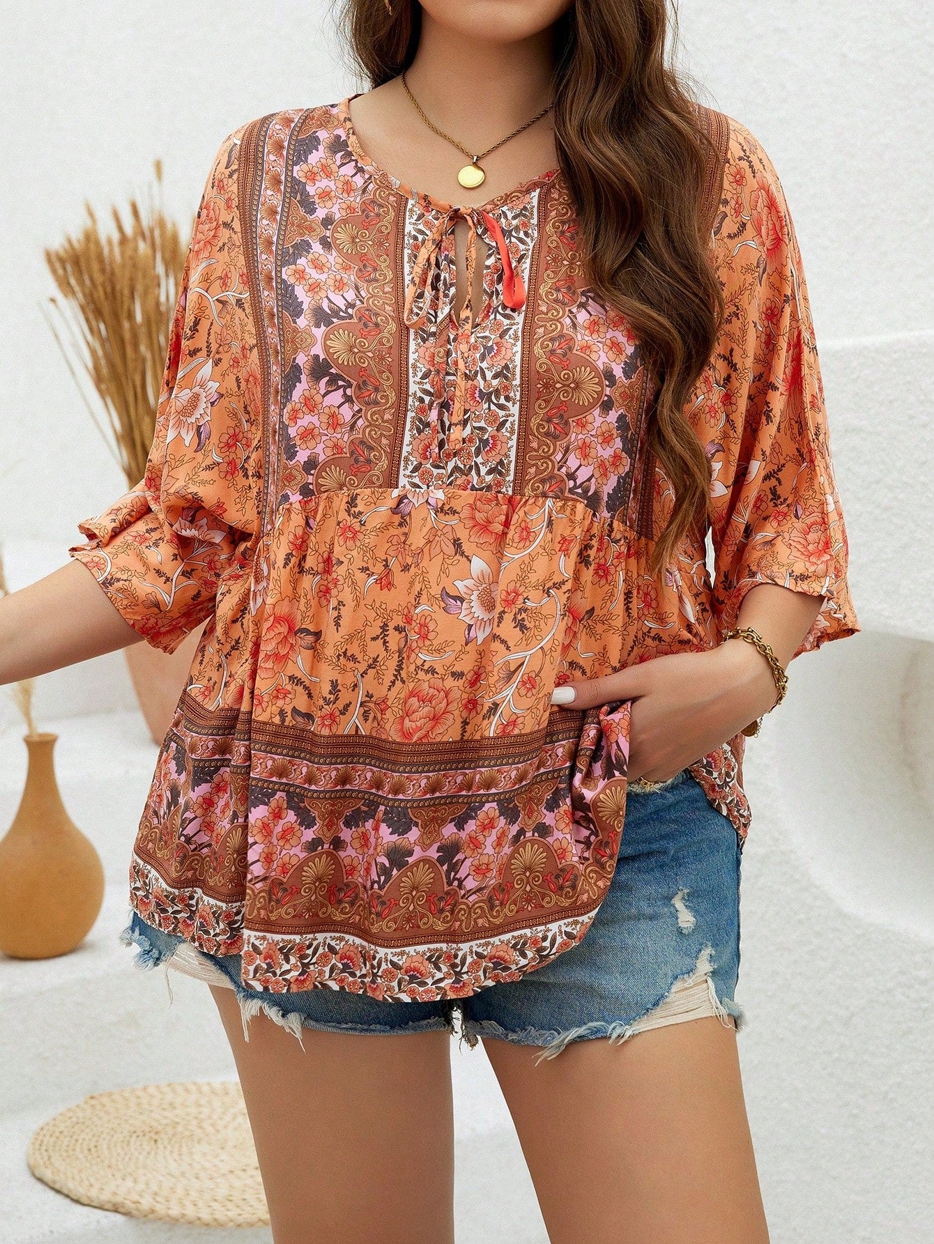 Plus Size Casual Summer Floral Print Shirt With Tie Knot Neckline