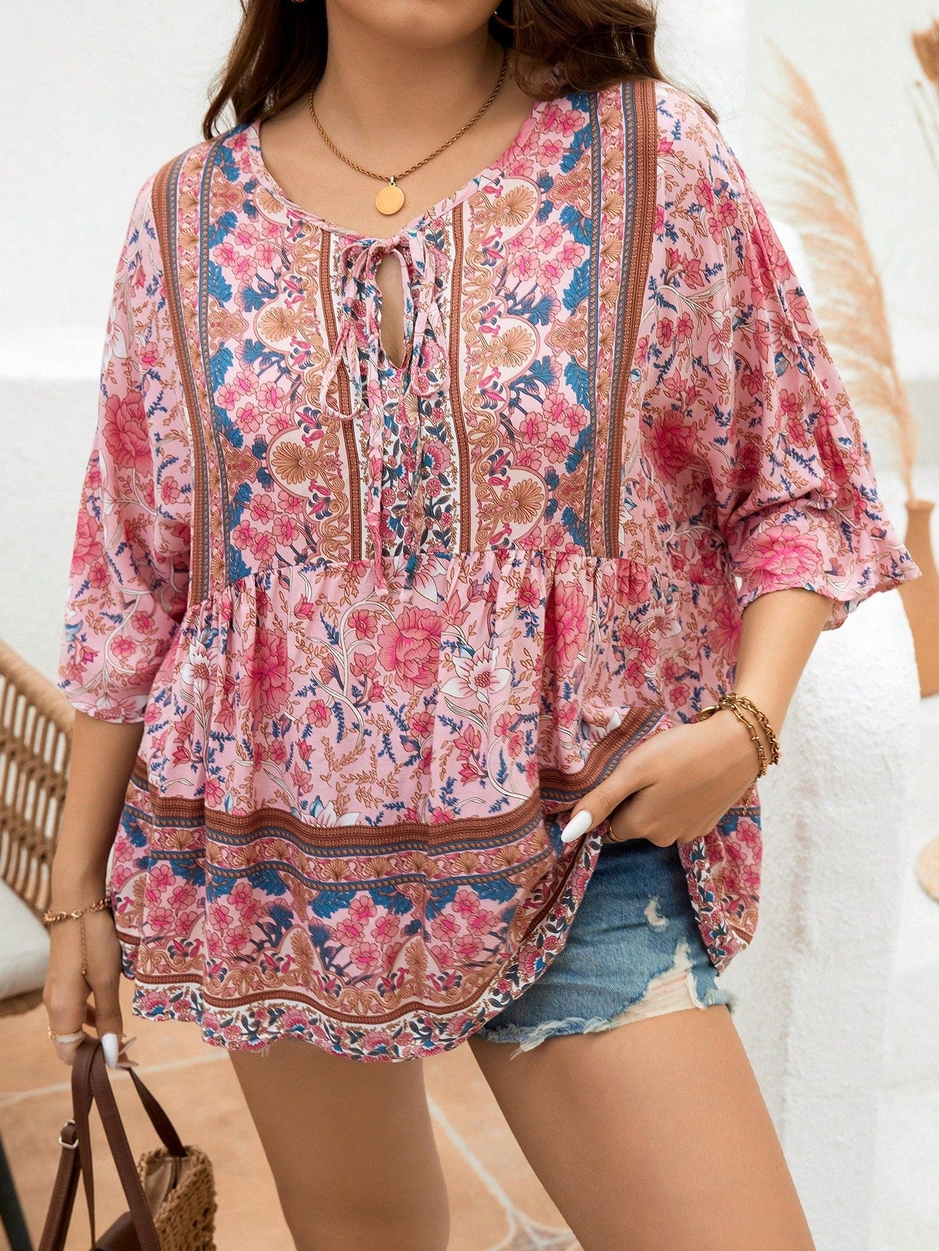 Plus Size Casual Summer Floral Print Shirt With Tie Knot Neckline