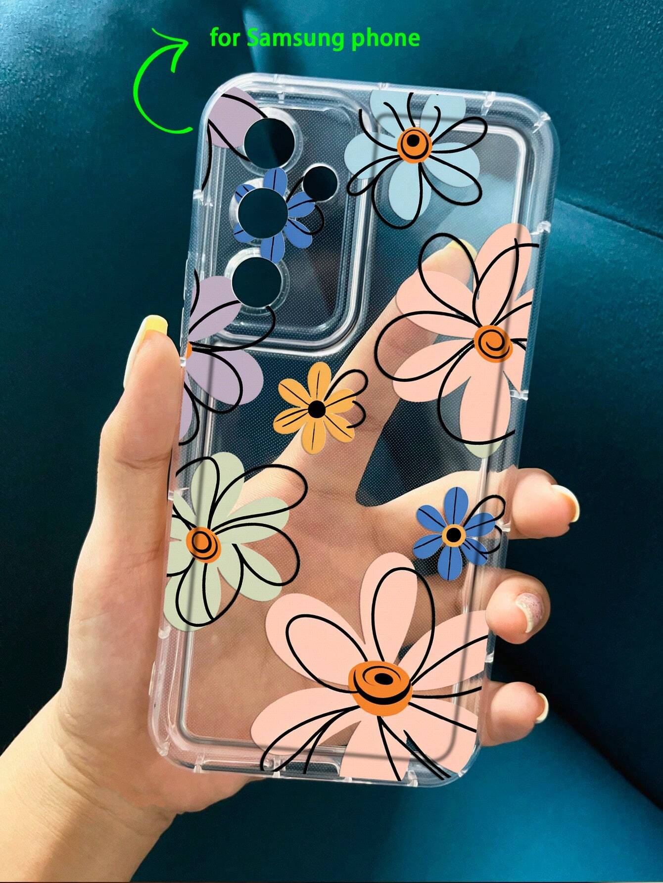 1pc Transparent Protective Case With Big Hole And Flower Pattern, Anti-Shock Airbag And Print Design Compatible With IPhone And Samsung Galaxy Models.