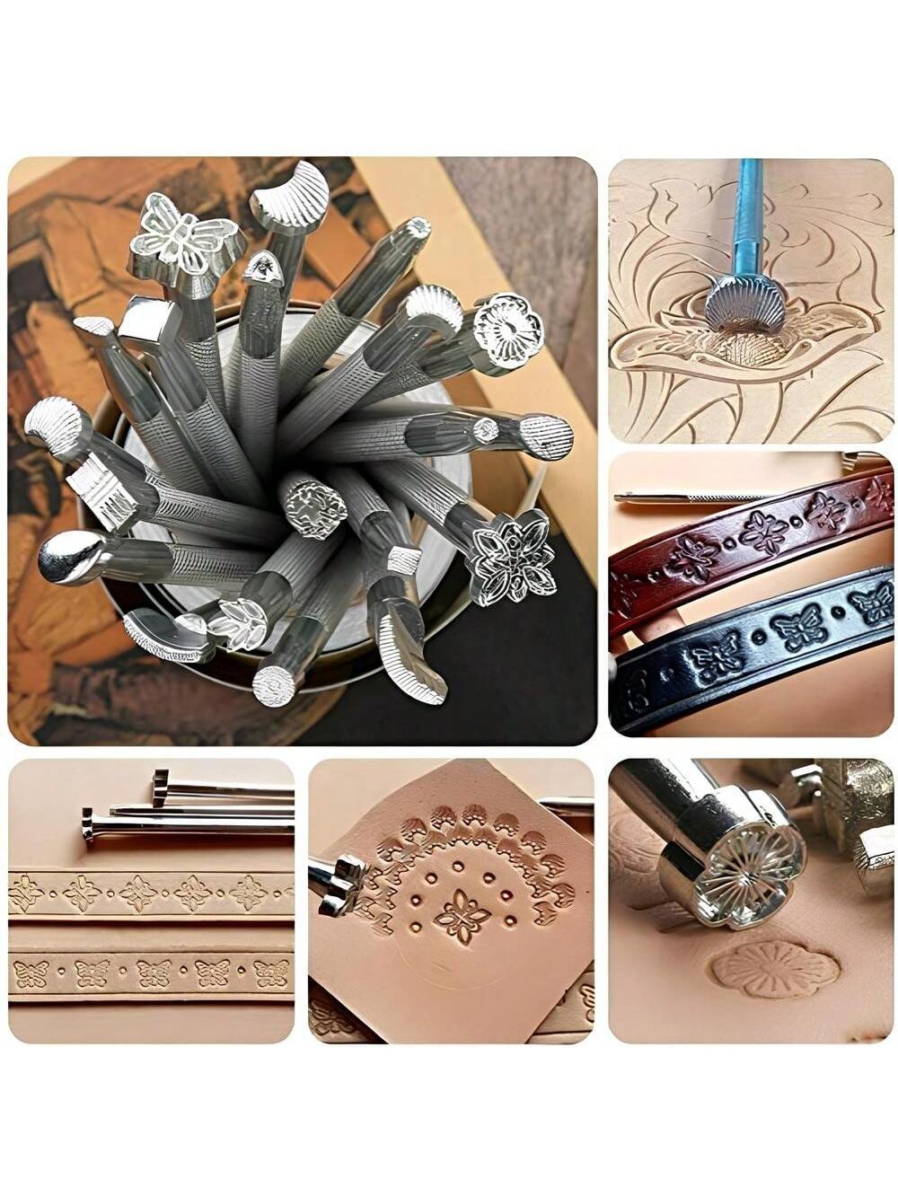 Leather Stamps,Professional Leather Stamping Tools For Leather Working,Handmade DIY Leather Plant Tanning And Carving Tools, Wood Carving Leather Carving Art, Making Printing Punches