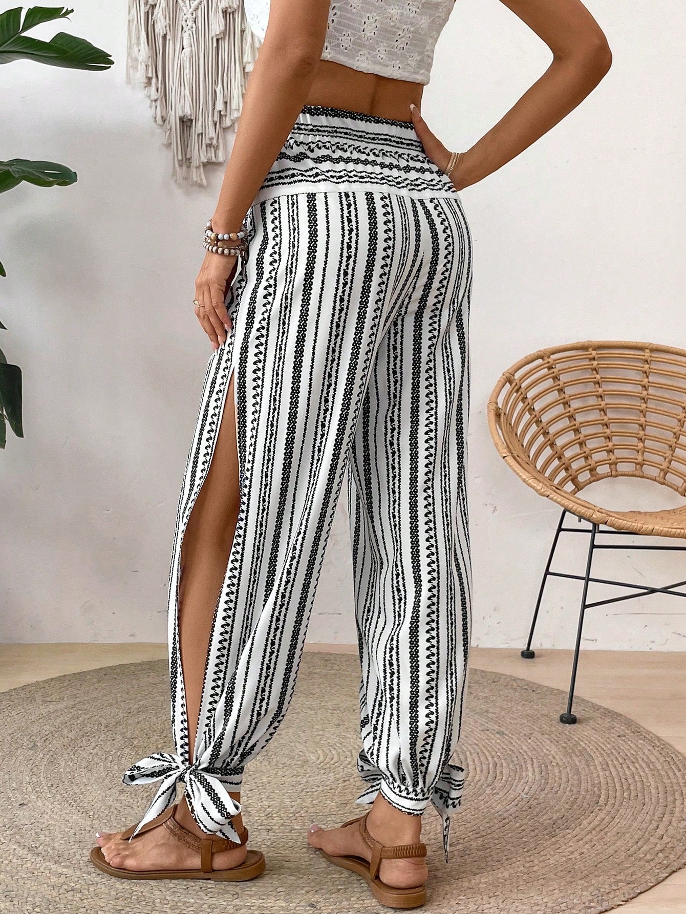 EMERY ROSE Women Fashionable Printed Side Slit Long Pants Beach