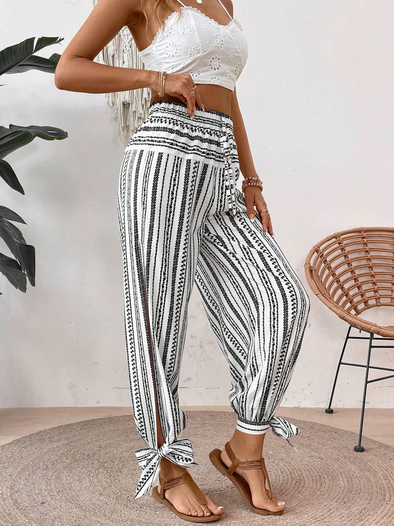 EMERY ROSE Women Fashionable Printed Side Slit Long Pants Beach