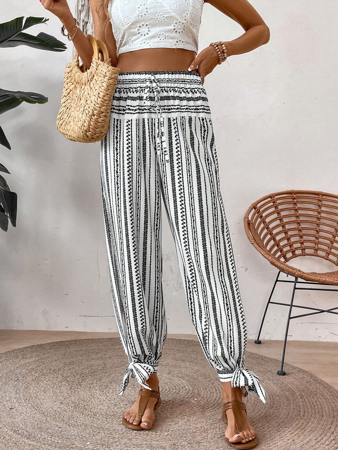 EMERY ROSE Women Fashionable Printed Side Slit Long Pants Beach