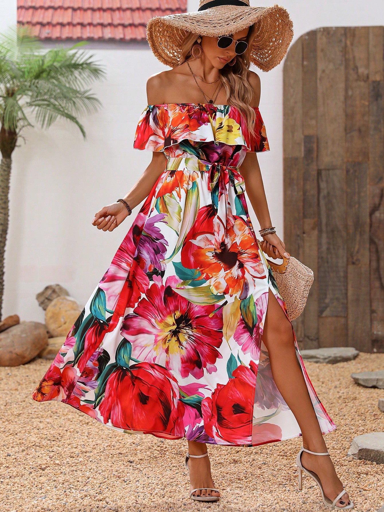 Holidaya Women Vacation Style Floral Print Off Shoulder Dress With Ruffle Hem And Side Slit Vacation Beach Outfit