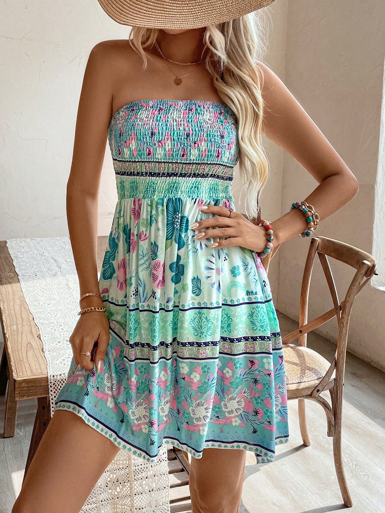 Holidaya Summer Strapless  Printed Scoop Neck A-Line Dress