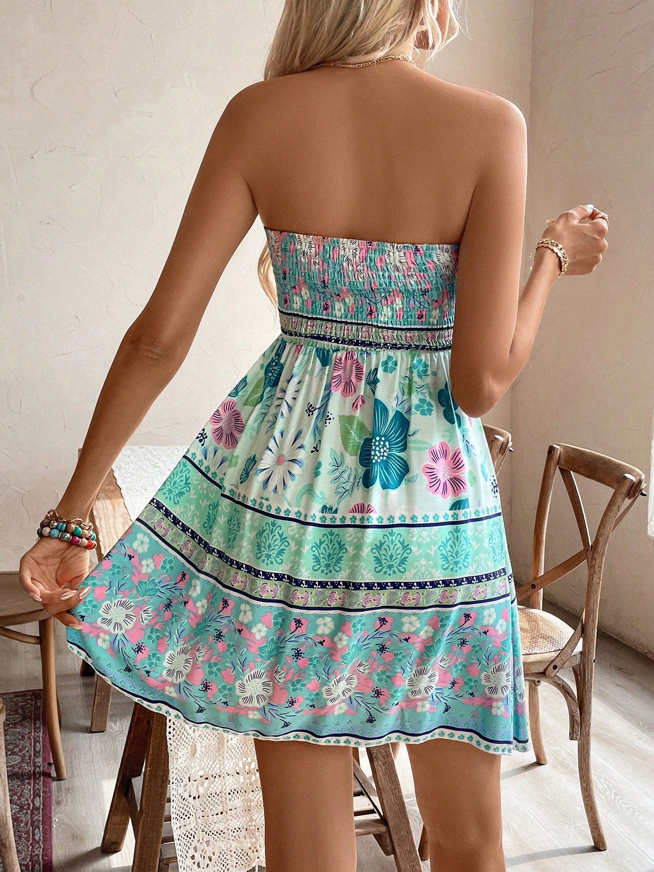 Holidaya Summer Strapless  Printed Scoop Neck A-Line Dress